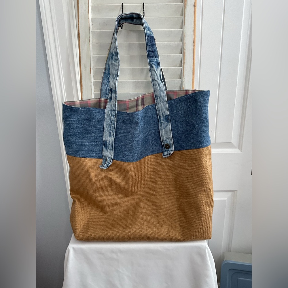 The Large Tote Denim and Tan Beach Bag - Picture 3 of 4